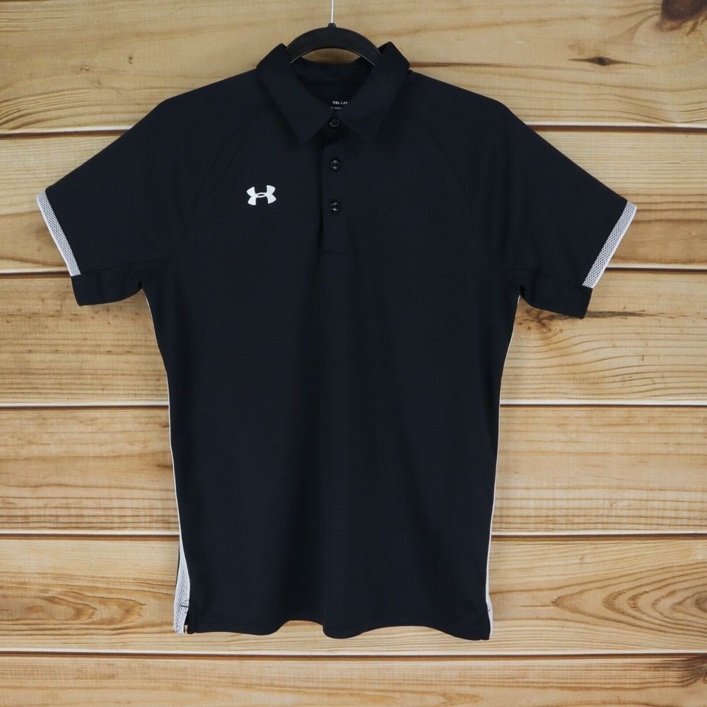 Under Armour Heatgear Polo Shirt Loose Fit Boys‎ Sz YXL Black Polyester Athletic